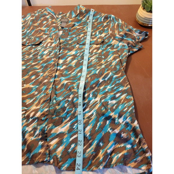 Chico's Additions Brown Teal Abstract Stretch Button Front Top Size 3 = XL (16) - Picture 5 of 11